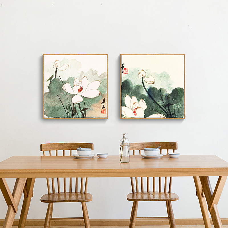 张大千墨韵荷花新中式客厅装饰画水墨三联画餐厅卧室挂画正方形画图片