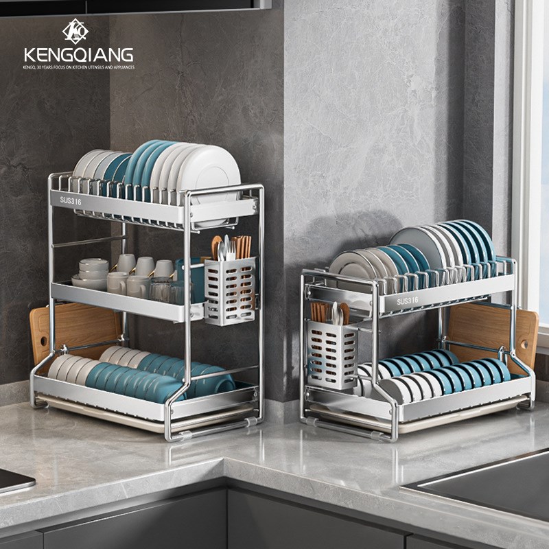 316不锈钢碗碟收纳架双层沥水架多功能厨房台面餐具X置物收纳碗柜
