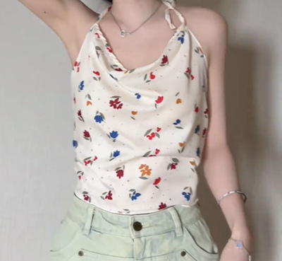 夏季美背小吊带背心女小花朵挂脖丝巾辣妹抹胸蝴蝶结内搭外穿上衣