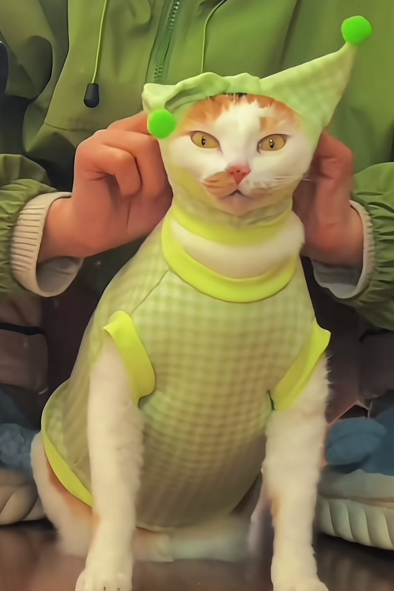 抽象个性绿色格子宠物猫咪通用冬季新款毛毛两脚棉衣超暖和亲肤