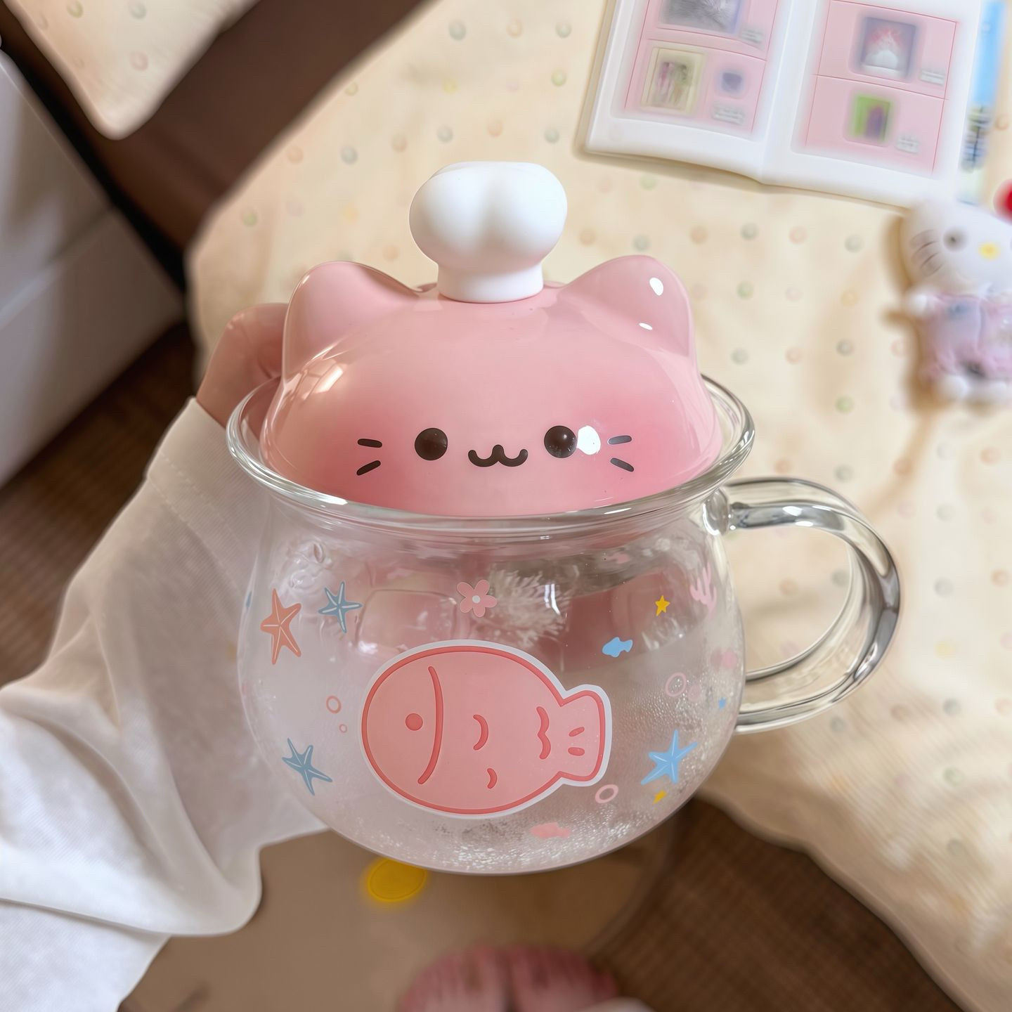高温情侣杯创意喝水杯子可爱卡通玻璃杯带盖马克杯大容量咖啡杯