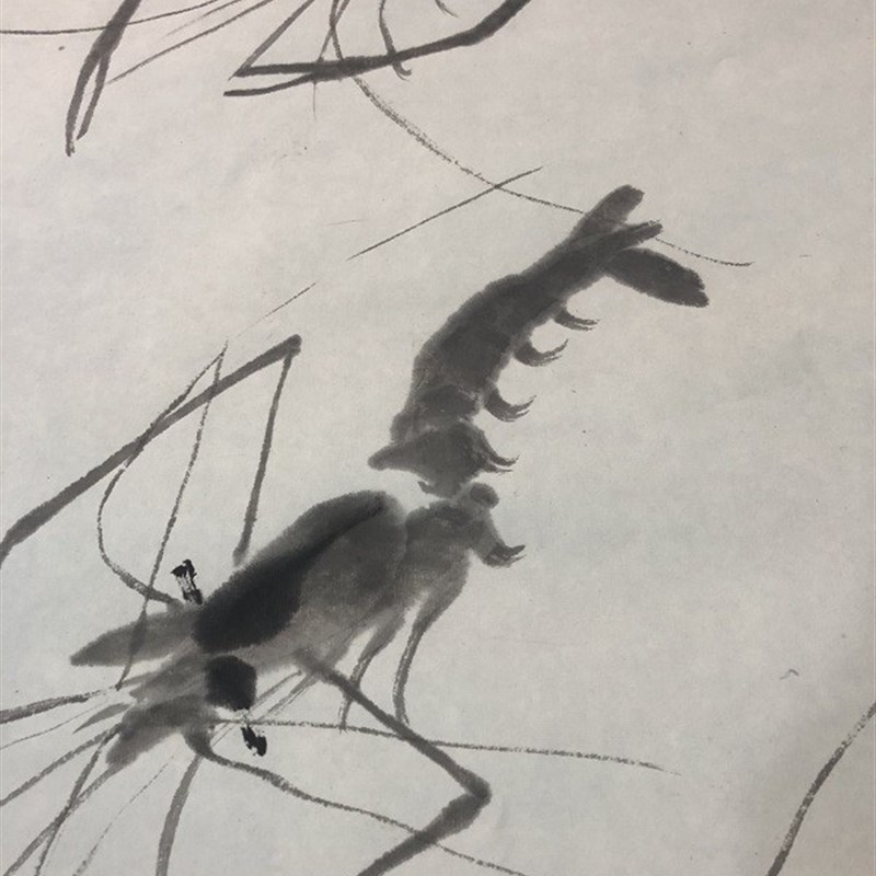 齐白石八十岁画作 虾图 贺寿装饰画国画宣纸复制水墨画芯装裱挂轴