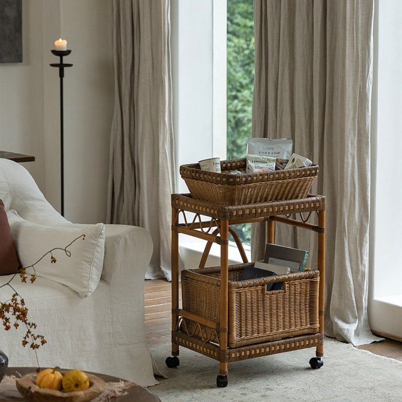 柏树 Wabi-Sabi覆古风格藤储物车移动边桌客厅卧室抽屉储物架,住宅家具,移动边几/推车,淘宝优惠券,粉丝福利购,淘宝优惠卷