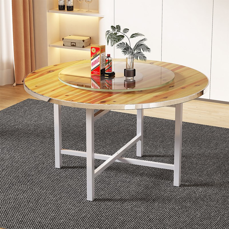 不锈钢边加厚圆形餐桌简易酒店家y用10人15大圆桌子可折叠实木饭