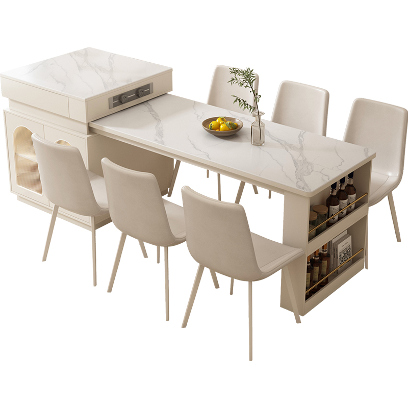 奶油风饭厅岛台餐桌椅组合可伸缩 客D厅实木岩板吃饭桌子2023新款