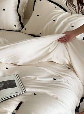 网桃红色黑心酷甜辣风天丝ALF黑色真丝宽边绣妹花四件套