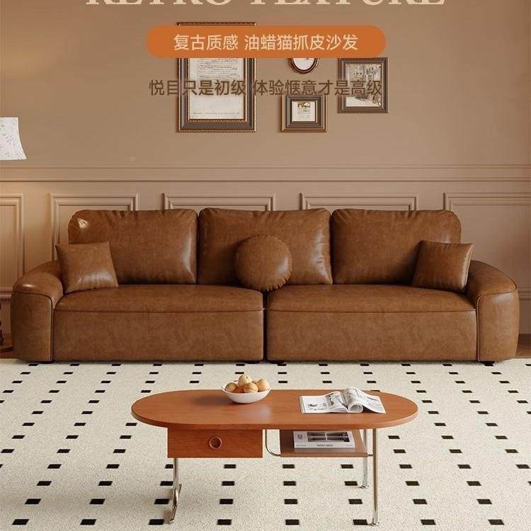 轻奢简极直排豆用腐沙发复古风猫抓油蜡皮沙块发客厅AUT小户型家