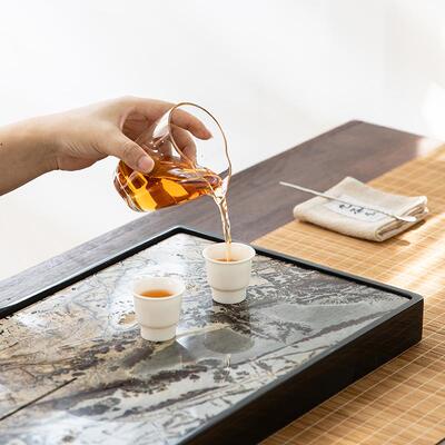 天然国画石茶盘家用新中式乌金石头台办公用排茶水茶盘海托思怡（