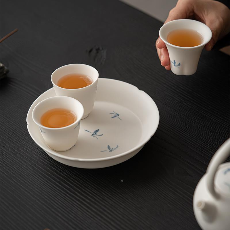 墨己哑光盘mjtc花手人绘秋水兰花壶承陶口瓷家用文干泡茶点盘多用