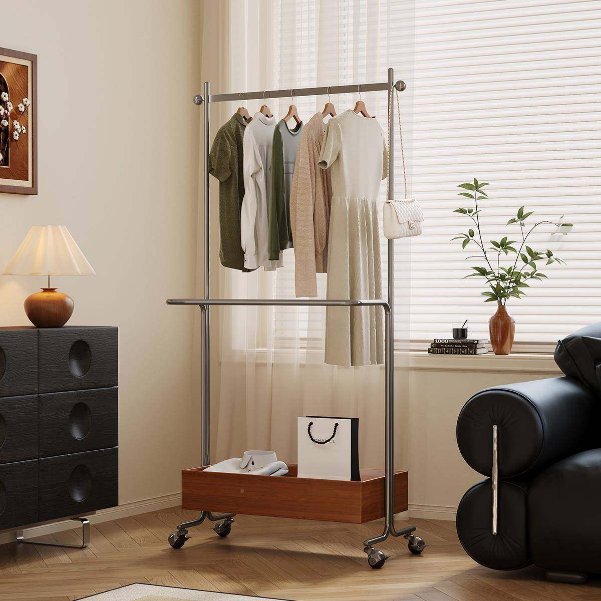 中古卧带轮帽架衣可移动双主层服挂衣置物EJY架家用卧室落地挂衣