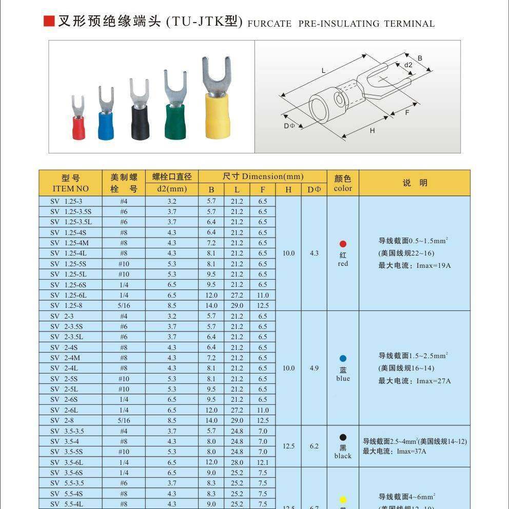 国标紫铜叉型预绝缘端头SV1.25/23./.55/-3.27CKB/4/5/56冷压端子