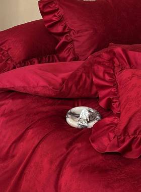 法式浪漫花边庆四件棉质10套0提S长绒棉花婚红色结F6M97618婚被套