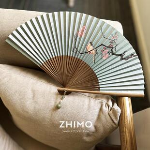 芷墨原创仿古纸面穿扇素雅小众中国风汉服女式摺扇随身扇子枝头鸟