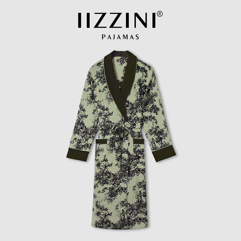 IIZZINI 睡袍女冬季长袖薄绒珊瑚绒国风余容花中长款奢华浴袍