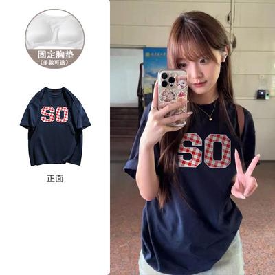 带胸垫短袖TT恤可外穿睡衣女夏天单件上衣宽松小众纯棉休闲居家服