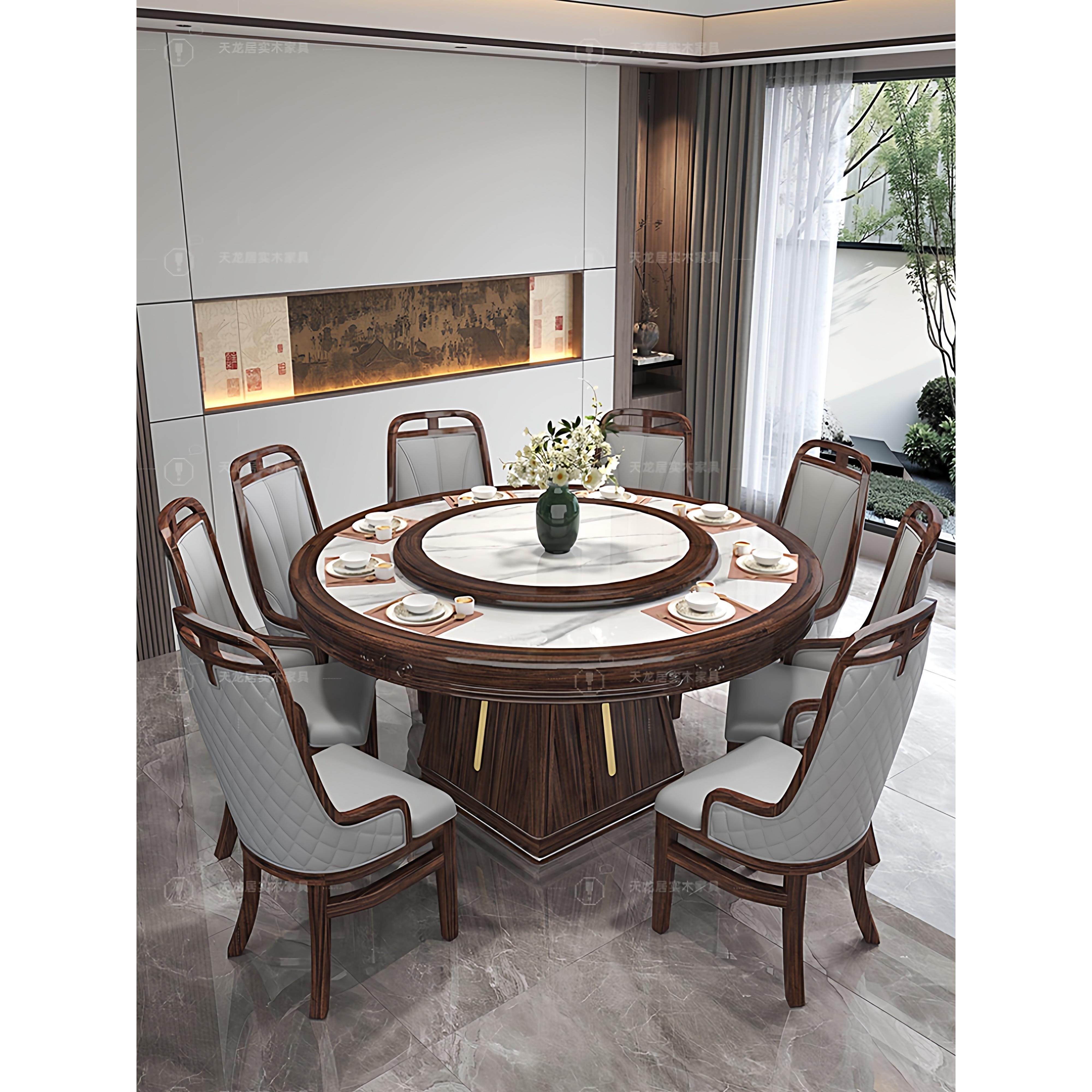 新中式雕花餐桌椅组合乌金木岩板轻奢家用饭店实木圆桌电磁炉饭桌,住宅家具,岩板餐桌,淘宝优惠券,粉丝福利购,淘宝优惠卷