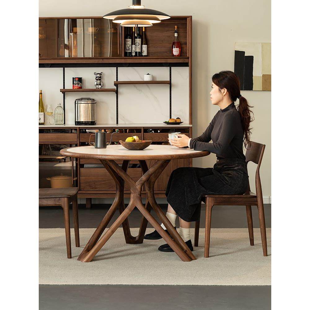 意大利圆形餐桌大小黑胡桃石板餐桌现代简单家庭用餐休闲圆桌