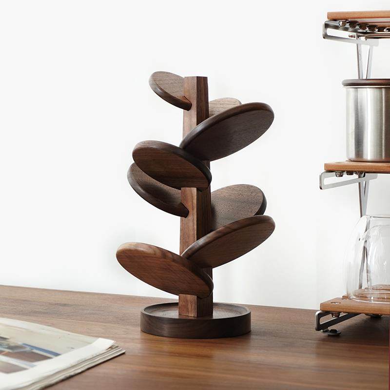 三思工房北欧创意杯垫 家用实木隔热垫餐桌垫防烫 黑胡桃小树摆件