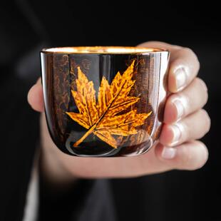 梦南州漆器大漆茶杯水晶玻璃枫叶主人杯无铅防爆杯子高端茶具礼品