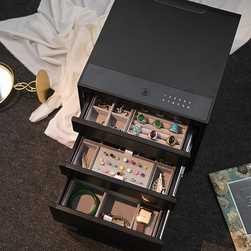 指纹皮质首饰保险柜家用小型密码抽屉式保险箱防盗三层智能全钢柜