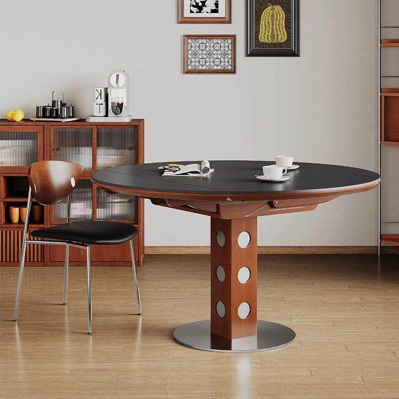 中古风方圆两用岩板餐桌家用小户型圆形实木伸缩折叠餐桌可变圆桌