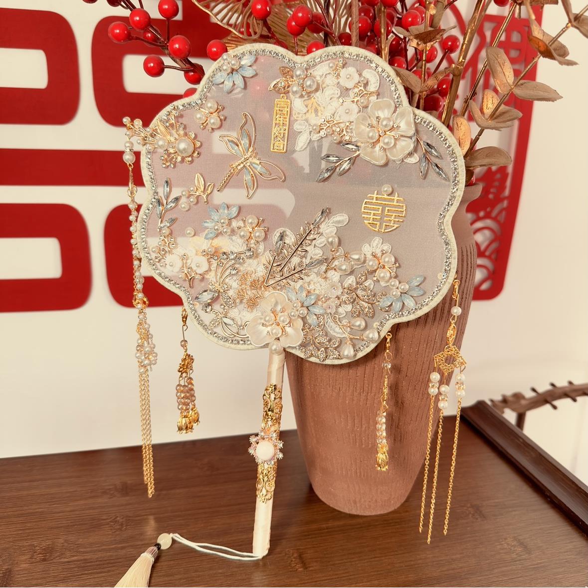团扇新娘结婚秀禾diy材料出嫁成品婚礼喜扇中式扇子手工高级婚扇