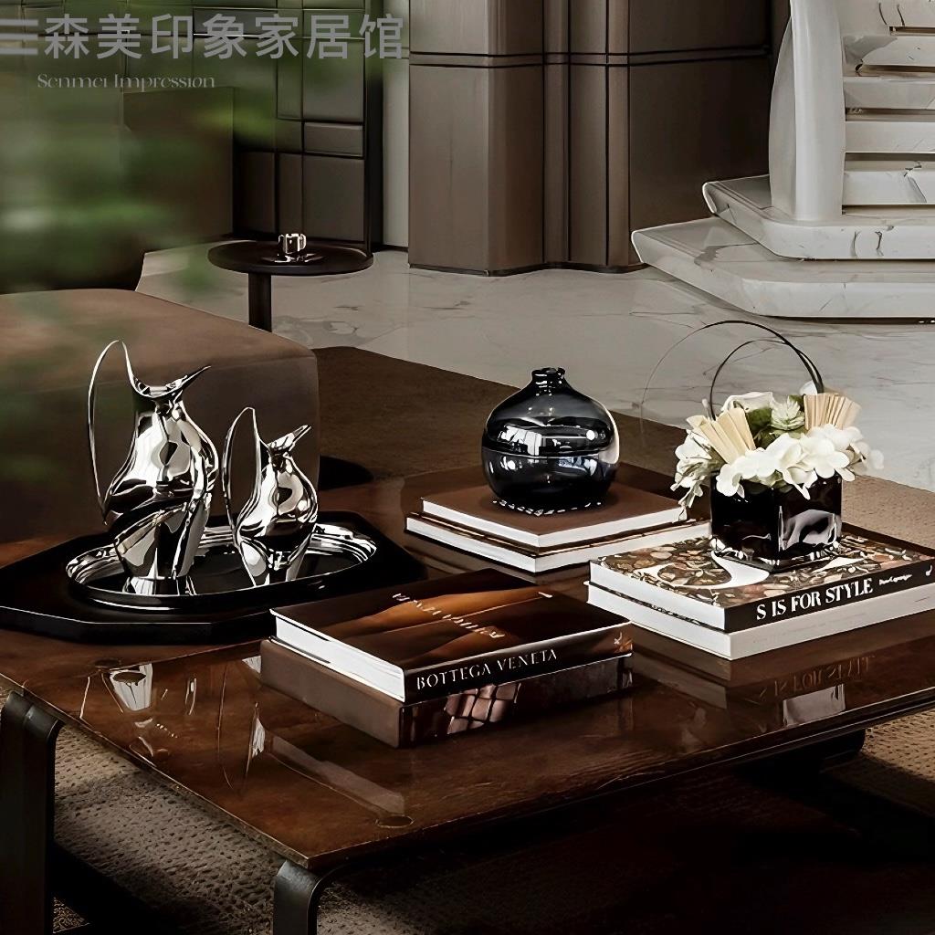 轻奢风样板间展厅桌面装饰品壶型花瓶玻璃花器茶几组合样品屋展示