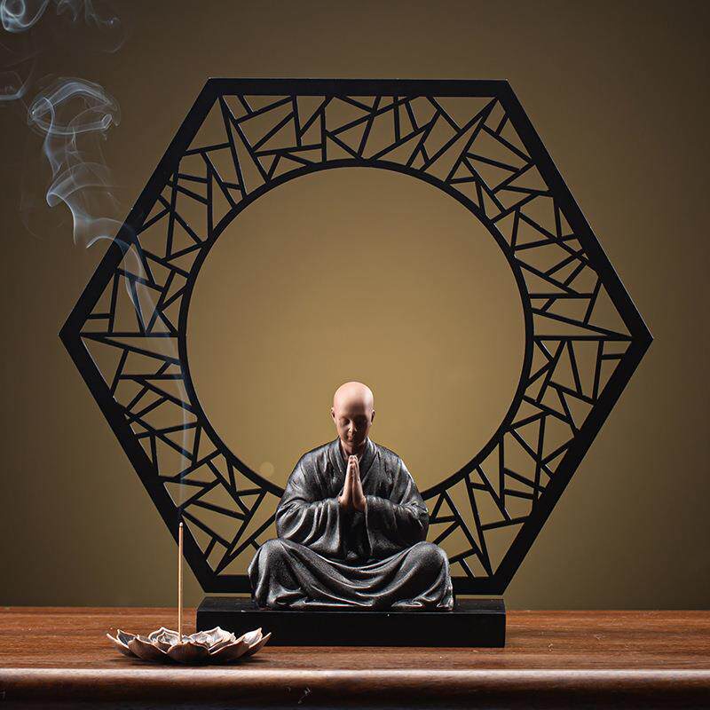 中式禅意小和尚屏风摆件装饰品家居客厅书房办公室陶瓷小沙弥人物