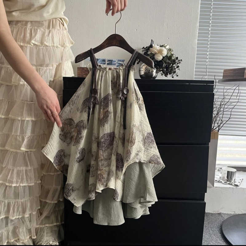 女童连衣裙2025夏季新款儿童吊带裙森系复古水墨画吊带连衣公主裙