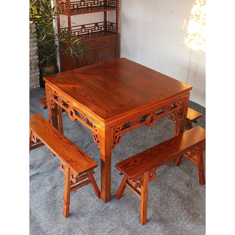 A10实木F76T8T6M八仙桌榆木中式古正方形桌椅组家用L四人仿四方合