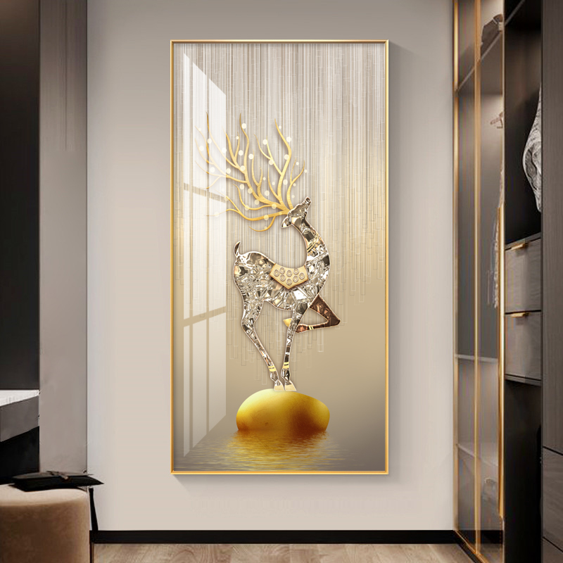 时尚简约抽象晶瓷玄关装饰画竖版入户走廊过道挂画麋鹿背景墙壁画图片