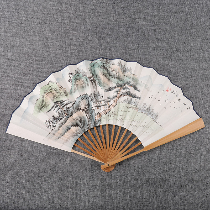 男士折扇中国风10寸手绘宣纸礼品扇日用玉竹古风国画山水花鸟扇子