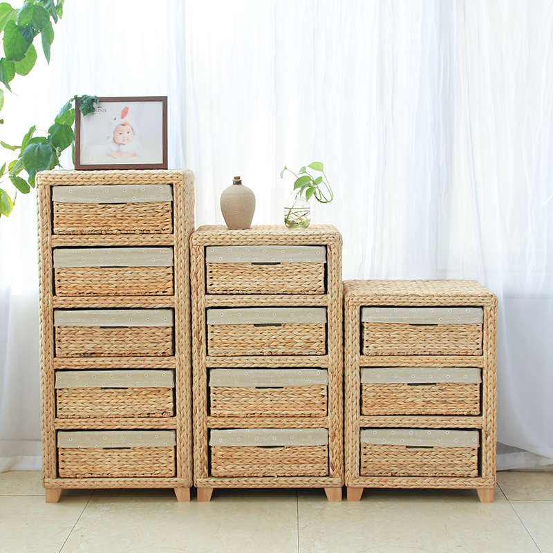 收纳柜抽屉式手工编织储物柜卧室床头柜美式乡村田园风藤编橱柜儿