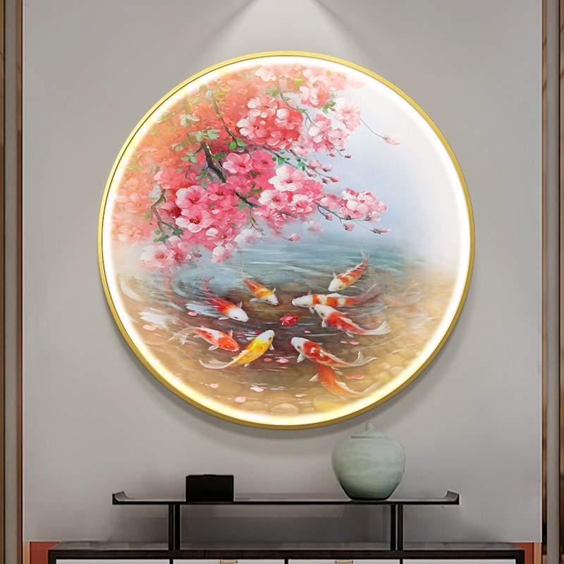 新中式圆形玄关装饰画九鱼图手绘油画美式过道走廊餐厅挂画灯画图片