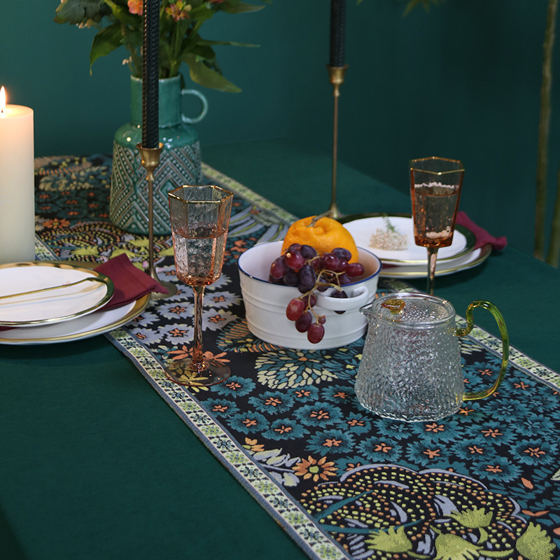 美式墨绿纯色桌布花鸟桌旗套装家用长方形田园茶几布餐桌台布定制