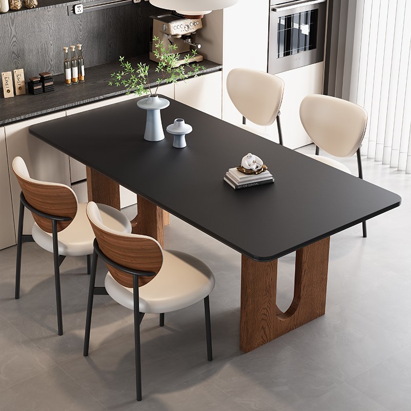 实木小户型意g式极简纯白岩板长方形餐桌椅组合家用现代简约饭桌