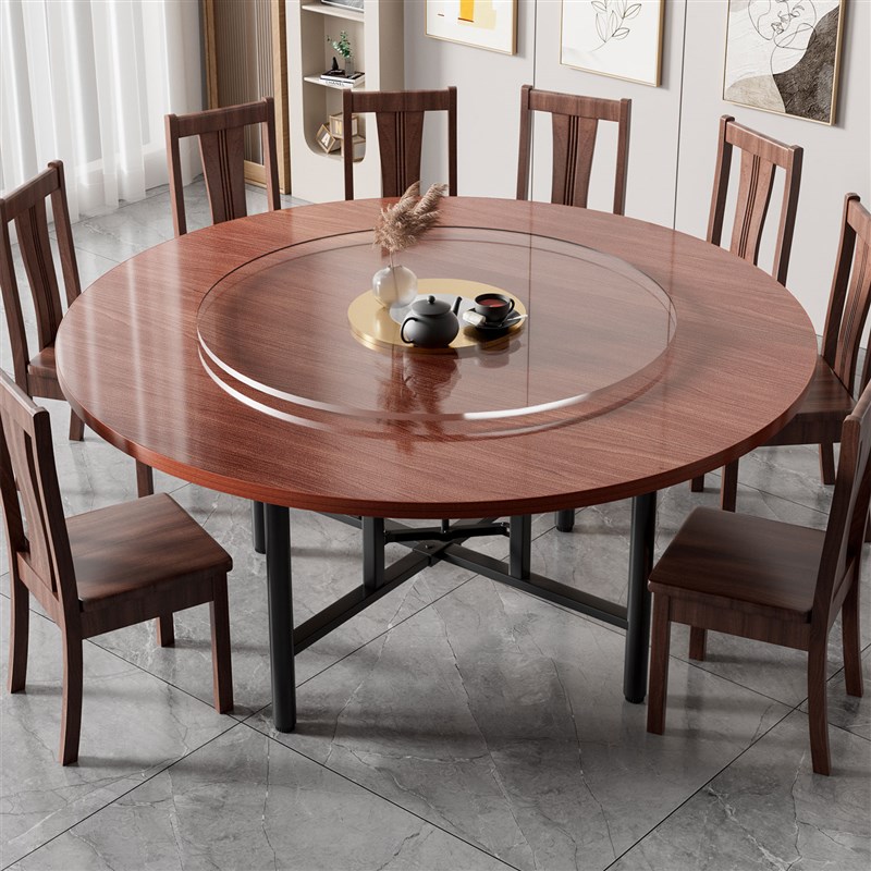 实木餐桌家用小户型农村大圆桌多A人吃饭桌子带转盘折叠简易大排