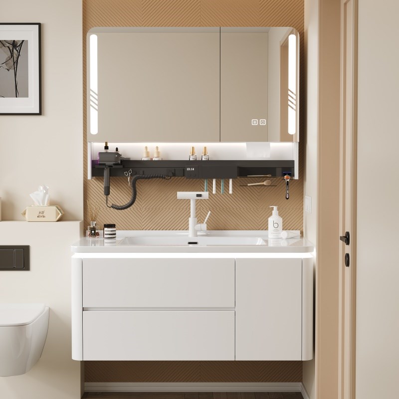 橡木浴室柜岩板热弯一体盆奶油风卫生间H陶瓷盆洗手盆柜组合洗漱