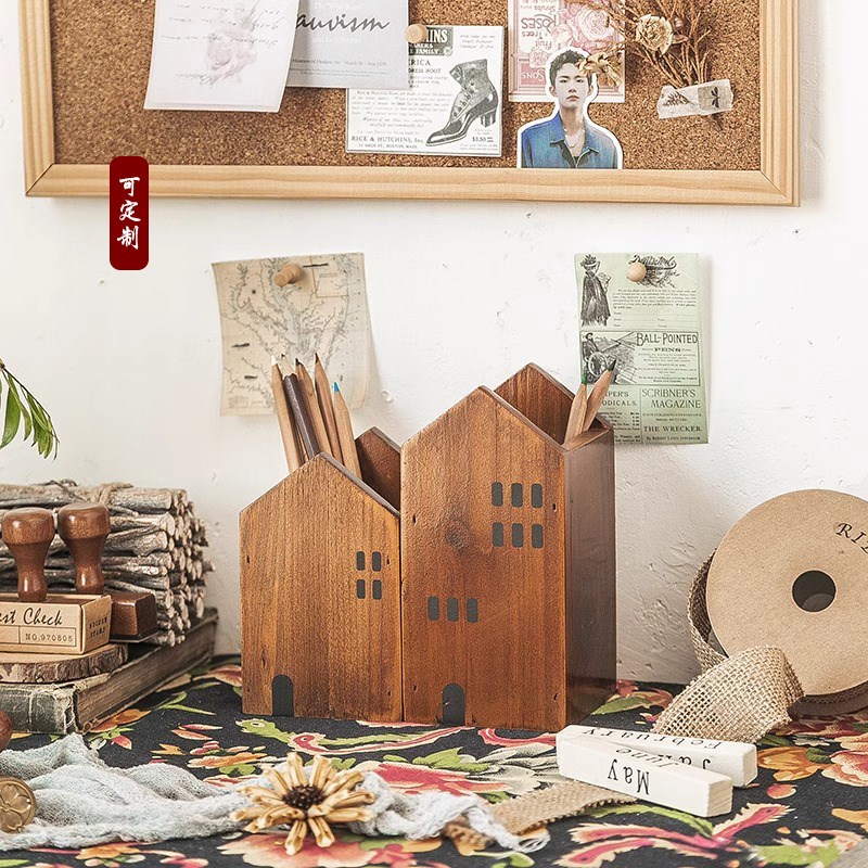 笔筒创意学生励志铅笔桶学生男女学习用品复古办公木W质桌面收纳