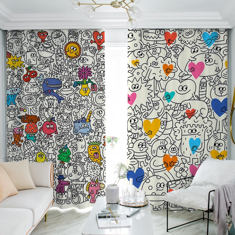 ins风多巴胺客厅窗帘全遮光免打孔防I晒布创意卡通卧室儿童房遮阳