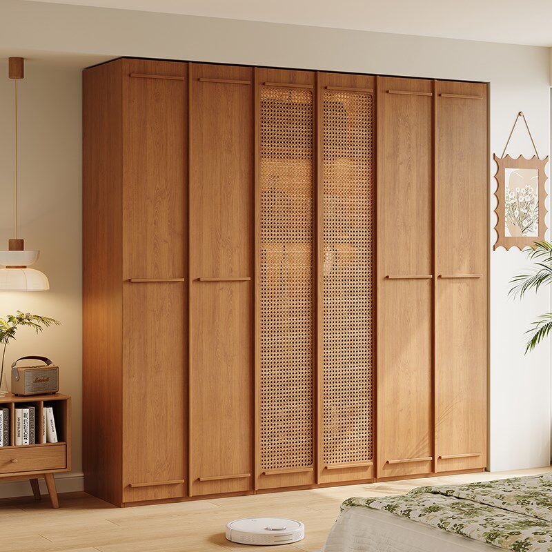 橡木色实木衣柜免拉手2025新款藤编柜门分段式骨格线定制大衣橱
