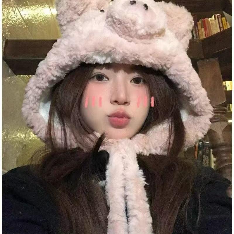 毛绒小猪帽子秋冬耳朵可爱卡通包头冬季护耳学生保暖防寒加厚雷锋