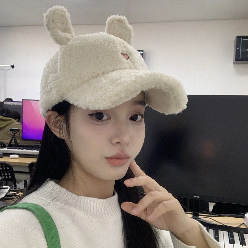 正反两戴棒球帽可爱兔子耳朵羊羔毛绒帽子女冬季保暖显脸小鸭舌帽