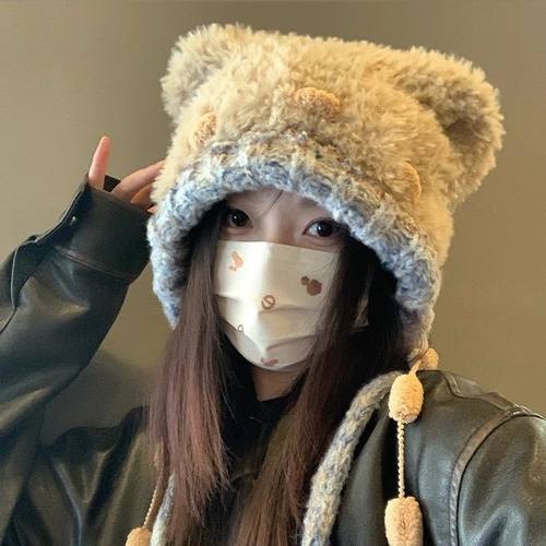 2024冬爆款韩版保暖小熊毛绒帽可爱风加厚时尚显脸小套头雪风帽子