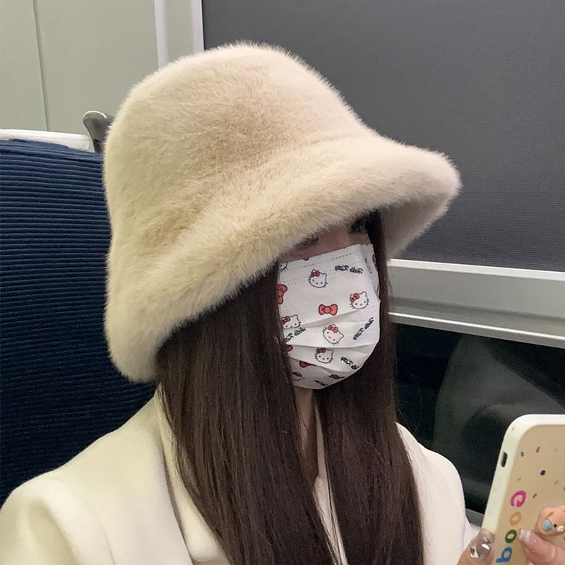 百搭渔夫帽女士冬季加厚防寒保暖大头围毛绒茸水桶帽2024新款盆帽