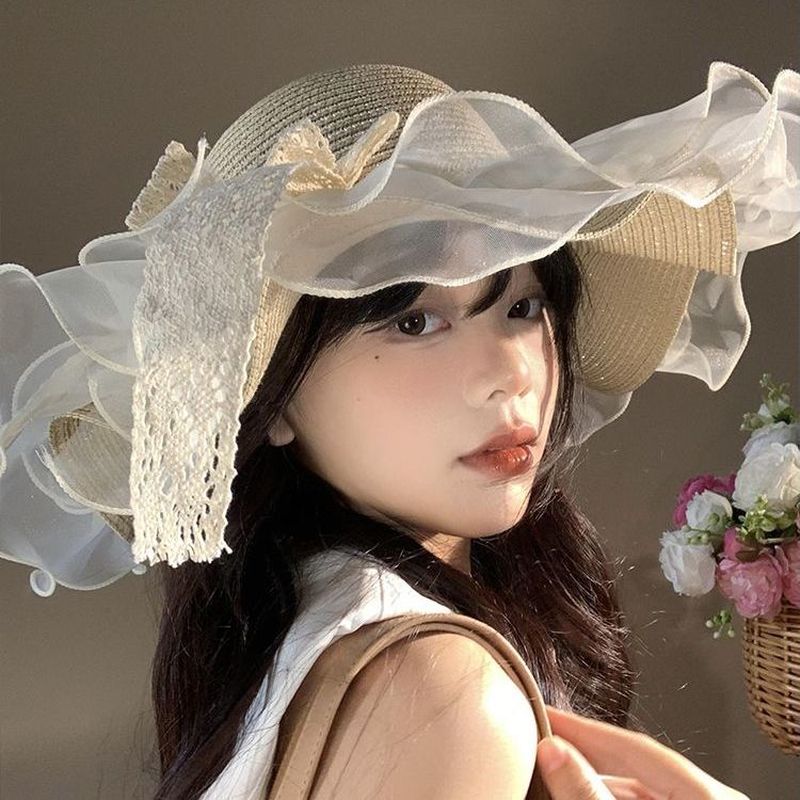 新法式蕾丝蝴蝶结草帽女夏季大帽檐遮阳防晒太阳帽子海边沙滩度假