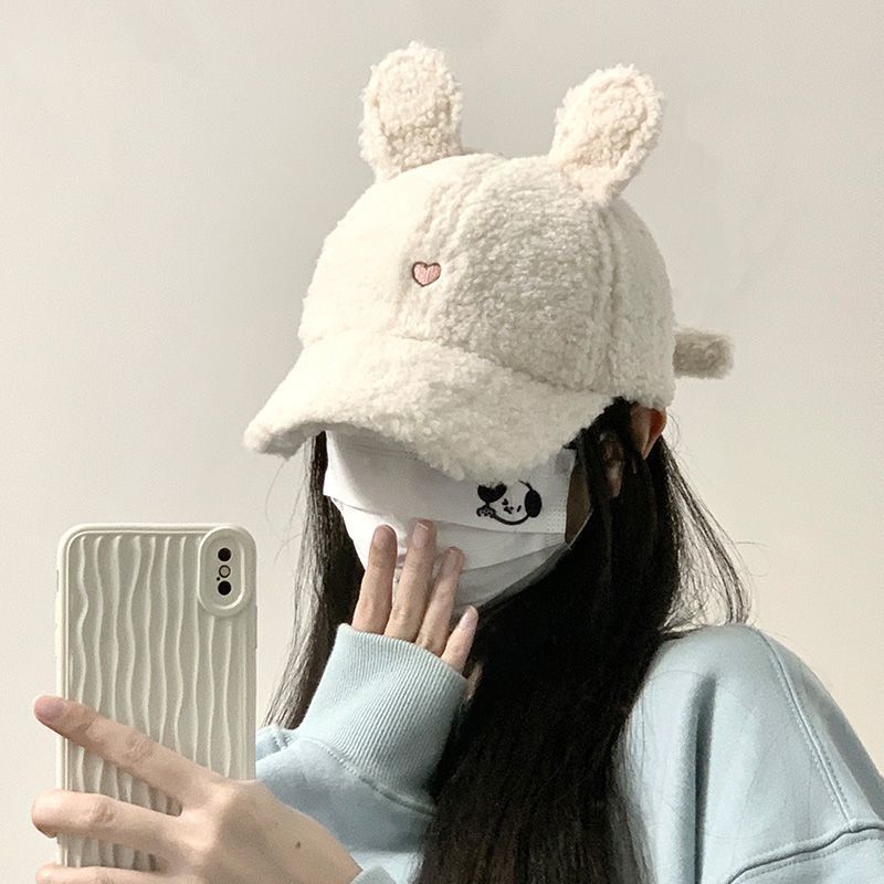 棒球帽子女2024新款秋冬季毛茸茸保暖可爱羊羔毛绒小兔耳朵鸭舌帽