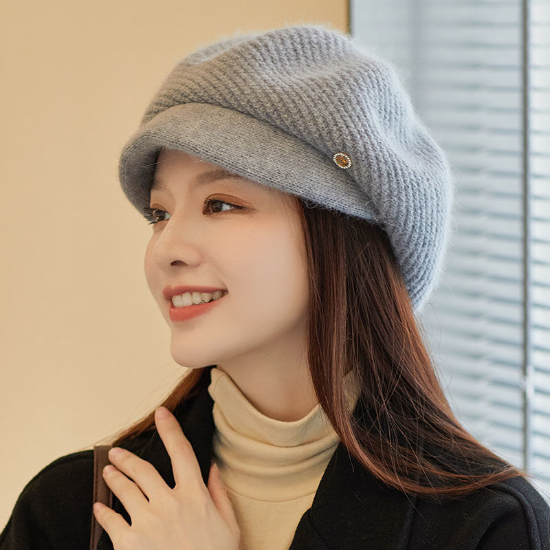 鸭舌贝雷帽女冬季韩版百搭圆脸画家帽高级感针织保暖八角毛线帽