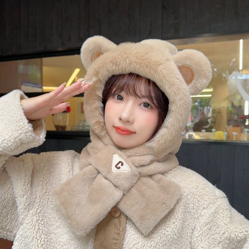 毛绒小熊帽子围脖巾一体加厚可爱冬防寒百搭洋气骑车保暖时尚连帽
