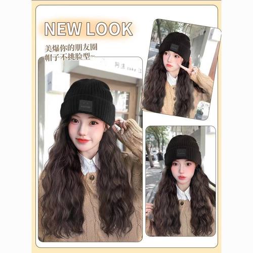 假发帽子一体韩版女秋冬百搭针织帽仿真大波浪卷发全头套帽子气质